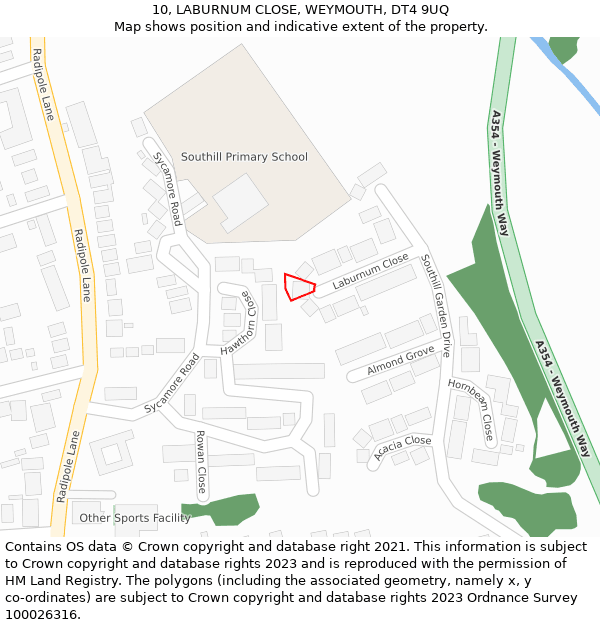 10, LABURNUM CLOSE, WEYMOUTH, DT4 9UQ: Location map and indicative extent of plot