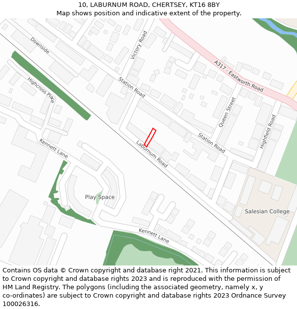 10, LABURNUM ROAD, CHERTSEY, KT16 8BY: Location map and indicative extent of plot