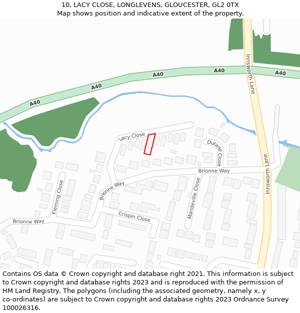 10, LACY CLOSE, LONGLEVENS, GLOUCESTER, GL2 0TX: Location map and indicative extent of plot