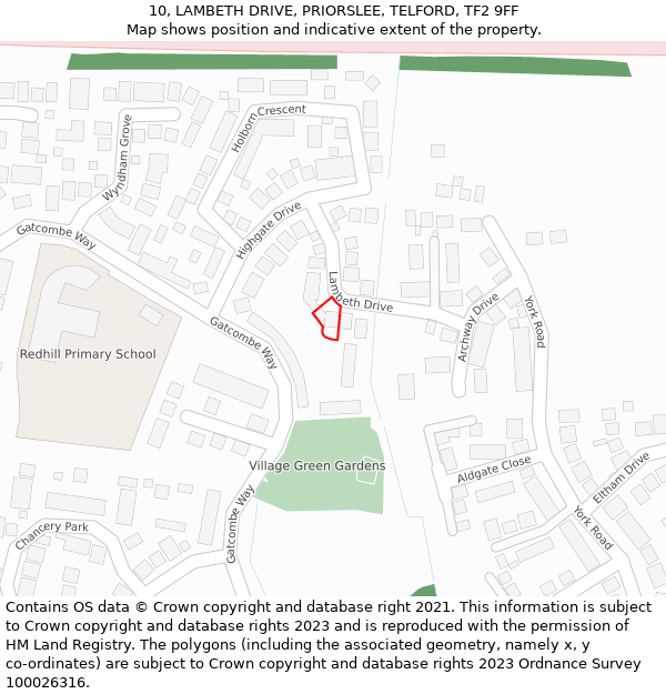 10, LAMBETH DRIVE, PRIORSLEE, TELFORD, TF2 9FF: Location map and indicative extent of plot