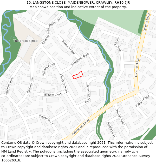 10, LANGSTONE CLOSE, MAIDENBOWER, CRAWLEY, RH10 7JR: Location map and indicative extent of plot