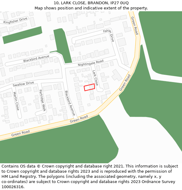 10, LARK CLOSE, BRANDON, IP27 0UQ: Location map and indicative extent of plot