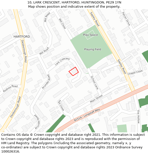 10, LARK CRESCENT, HARTFORD, HUNTINGDON, PE29 1YN: Location map and indicative extent of plot