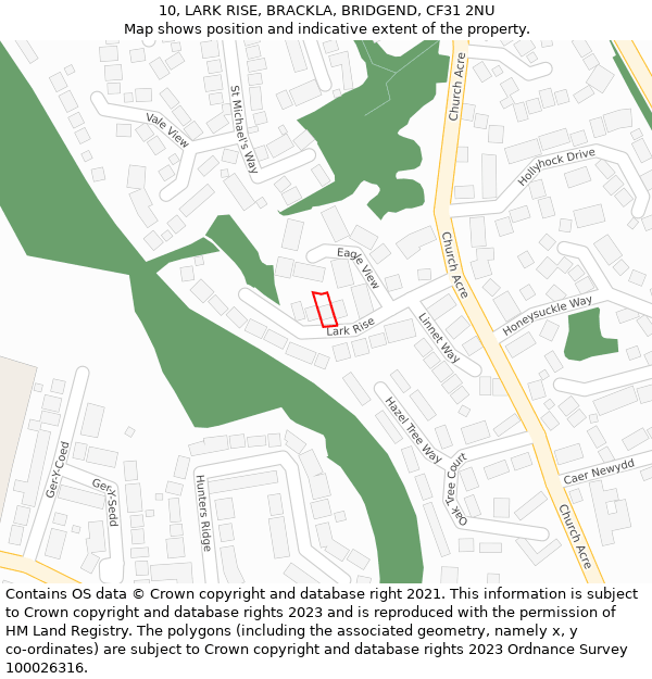 10, LARK RISE, BRACKLA, BRIDGEND, CF31 2NU: Location map and indicative extent of plot