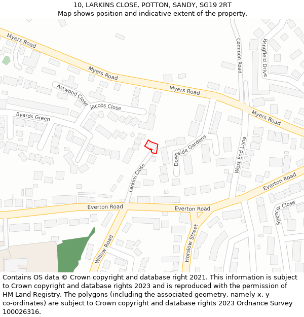 10, LARKINS CLOSE, POTTON, SANDY, SG19 2RT: Location map and indicative extent of plot