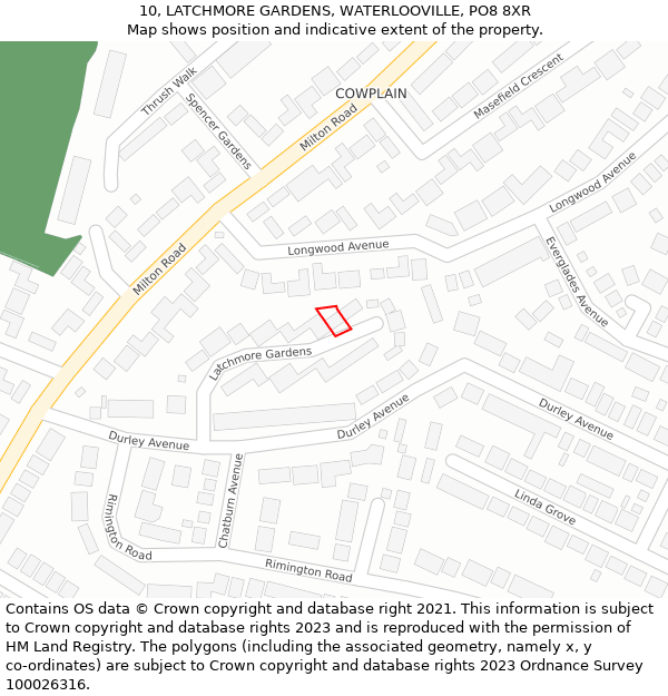10, LATCHMORE GARDENS, WATERLOOVILLE, PO8 8XR: Location map and indicative extent of plot