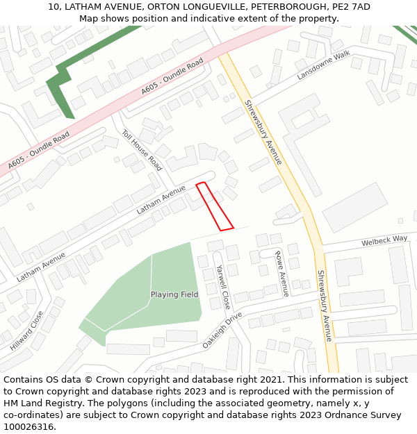 10, LATHAM AVENUE, ORTON LONGUEVILLE, PETERBOROUGH, PE2 7AD: Location map and indicative extent of plot