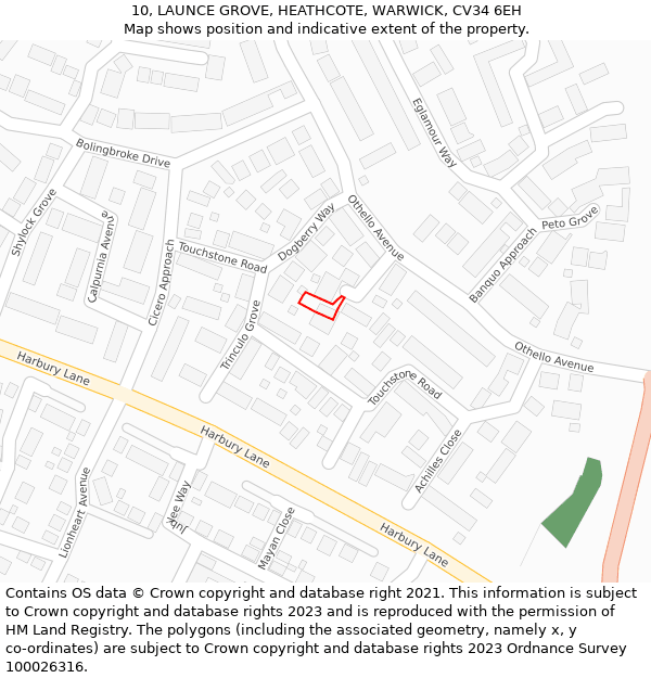 10, LAUNCE GROVE, HEATHCOTE, WARWICK, CV34 6EH: Location map and indicative extent of plot