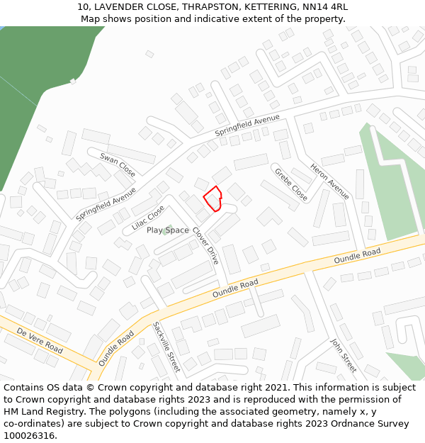 10, LAVENDER CLOSE, THRAPSTON, KETTERING, NN14 4RL: Location map and indicative extent of plot