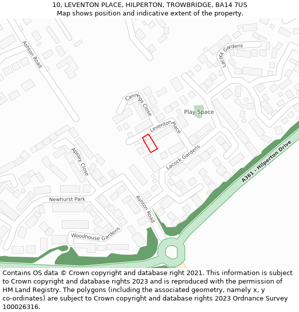 10, LEVENTON PLACE, HILPERTON, TROWBRIDGE, BA14 7US: Location map and indicative extent of plot