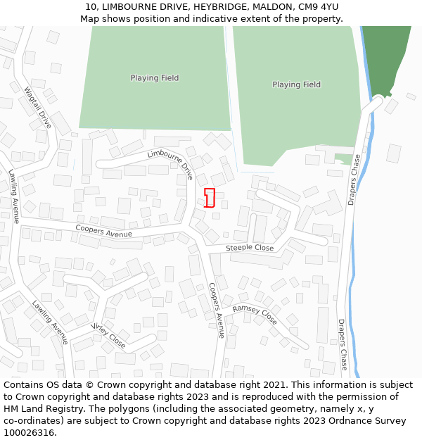 10, LIMBOURNE DRIVE, HEYBRIDGE, MALDON, CM9 4YU: Location map and indicative extent of plot
