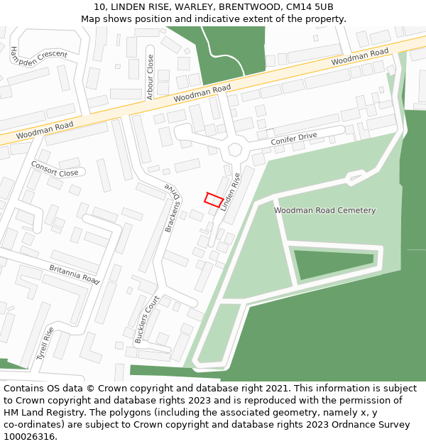 10, LINDEN RISE, WARLEY, BRENTWOOD, CM14 5UB: Location map and indicative extent of plot
