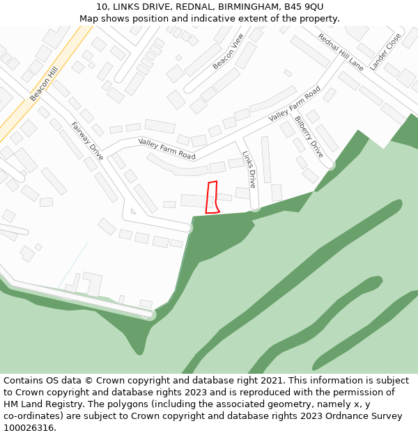 10, LINKS DRIVE, REDNAL, BIRMINGHAM, B45 9QU: Location map and indicative extent of plot
