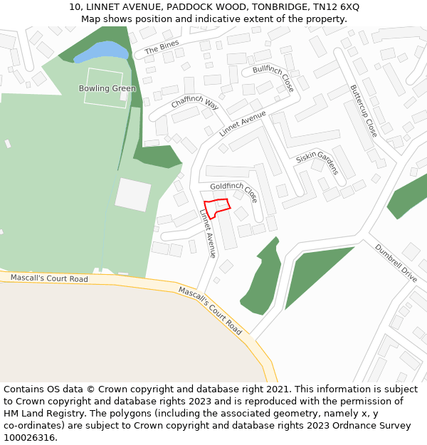 10, LINNET AVENUE, PADDOCK WOOD, TONBRIDGE, TN12 6XQ: Location map and indicative extent of plot