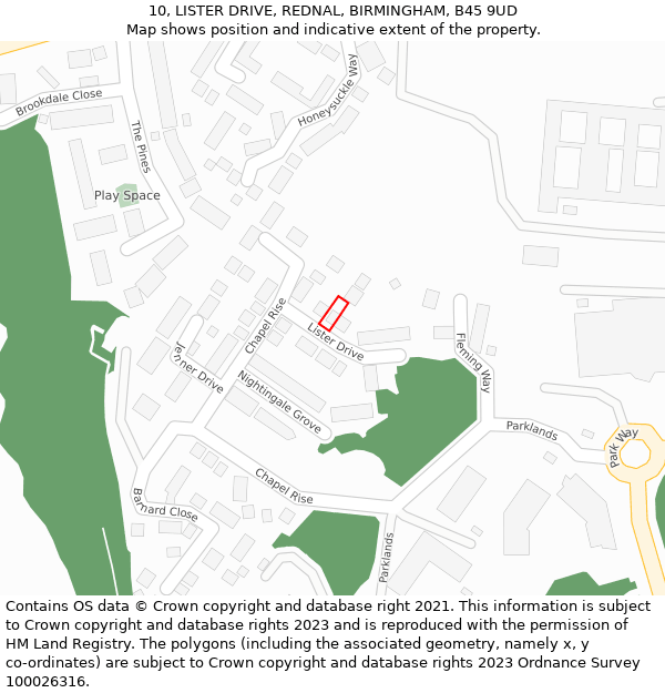 10, LISTER DRIVE, REDNAL, BIRMINGHAM, B45 9UD: Location map and indicative extent of plot