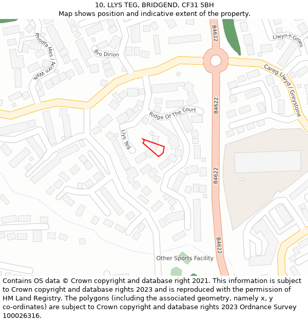 10, LLYS TEG, BRIDGEND, CF31 5BH: Location map and indicative extent of plot