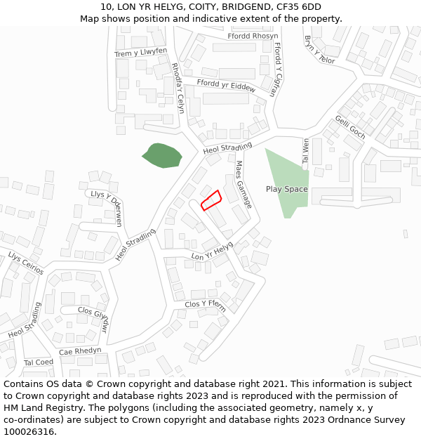 10, LON YR HELYG, COITY, BRIDGEND, CF35 6DD: Location map and indicative extent of plot