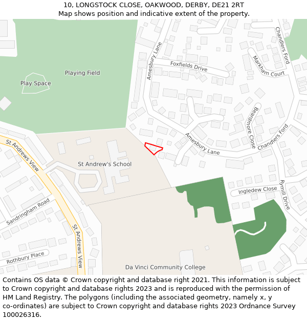 10, LONGSTOCK CLOSE, OAKWOOD, DERBY, DE21 2RT: Location map and indicative extent of plot