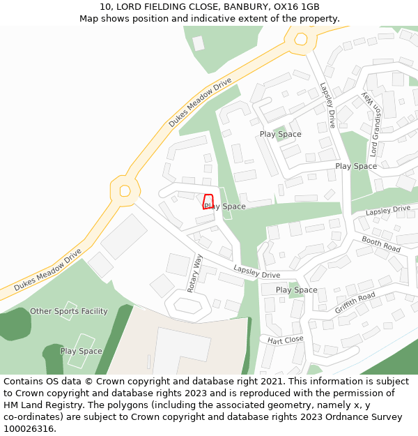 10, LORD FIELDING CLOSE, BANBURY, OX16 1GB: Location map and indicative extent of plot