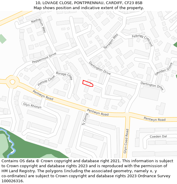 10, LOVAGE CLOSE, PONTPRENNAU, CARDIFF, CF23 8SB: Location map and indicative extent of plot