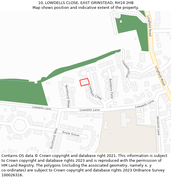 10, LOWDELLS CLOSE, EAST GRINSTEAD, RH19 2HB: Location map and indicative extent of plot