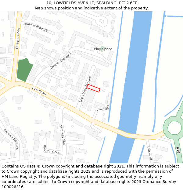 10, LOWFIELDS AVENUE, SPALDING, PE12 6EE: Location map and indicative extent of plot