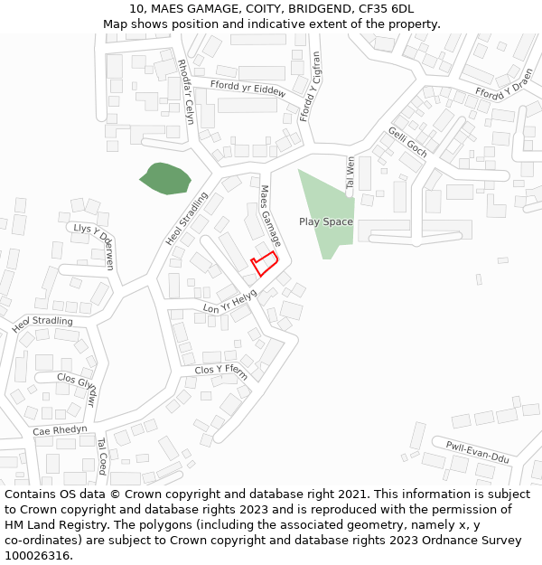 10, MAES GAMAGE, COITY, BRIDGEND, CF35 6DL: Location map and indicative extent of plot