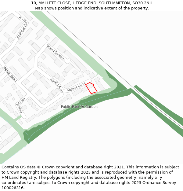 10, MALLETT CLOSE, HEDGE END, SOUTHAMPTON, SO30 2NH: Location map and indicative extent of plot