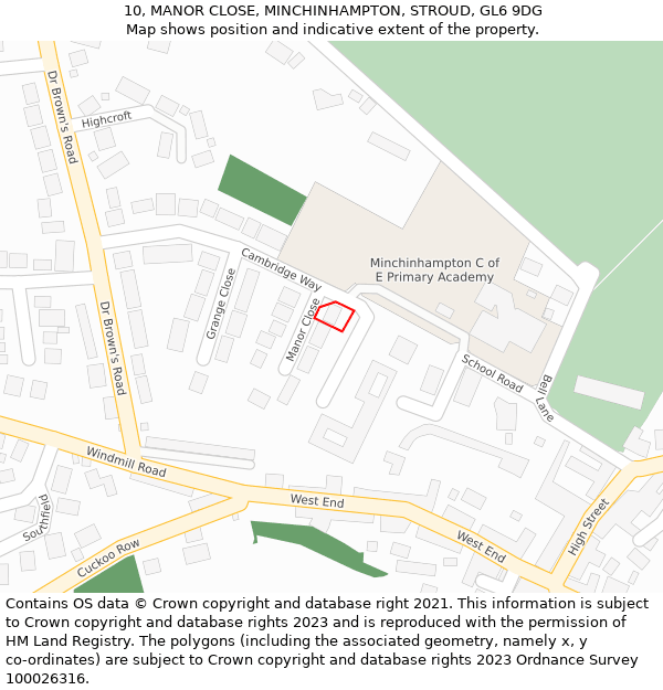 10, MANOR CLOSE, MINCHINHAMPTON, STROUD, GL6 9DG: Location map and indicative extent of plot