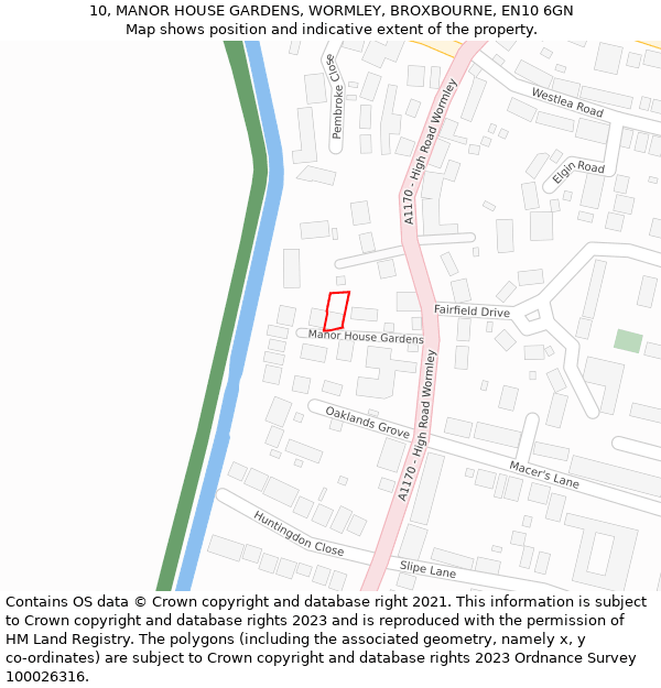 10, MANOR HOUSE GARDENS, WORMLEY, BROXBOURNE, EN10 6GN: Location map and indicative extent of plot