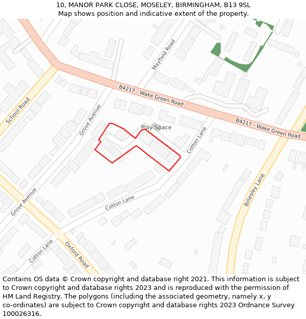 10, MANOR PARK CLOSE, MOSELEY, BIRMINGHAM, B13 9SL: Location map and indicative extent of plot