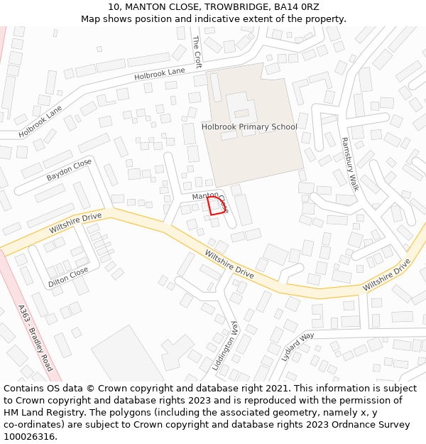 10, MANTON CLOSE, TROWBRIDGE, BA14 0RZ: Location map and indicative extent of plot