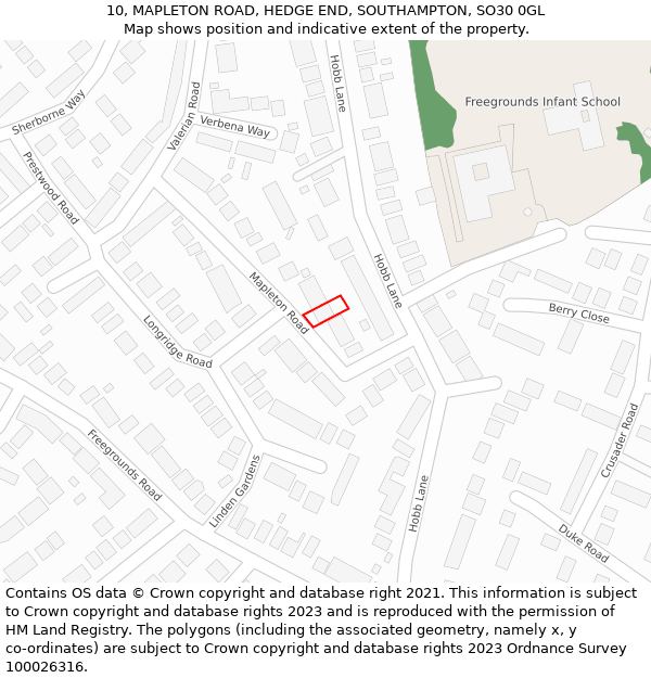 10, MAPLETON ROAD, HEDGE END, SOUTHAMPTON, SO30 0GL: Location map and indicative extent of plot