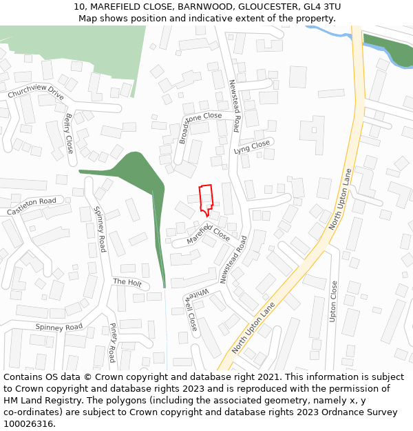 10, MAREFIELD CLOSE, BARNWOOD, GLOUCESTER, GL4 3TU: Location map and indicative extent of plot