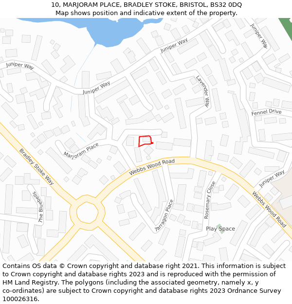 10, MARJORAM PLACE, BRADLEY STOKE, BRISTOL, BS32 0DQ: Location map and indicative extent of plot