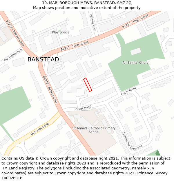 10, MARLBOROUGH MEWS, BANSTEAD, SM7 2GJ: Location map and indicative extent of plot