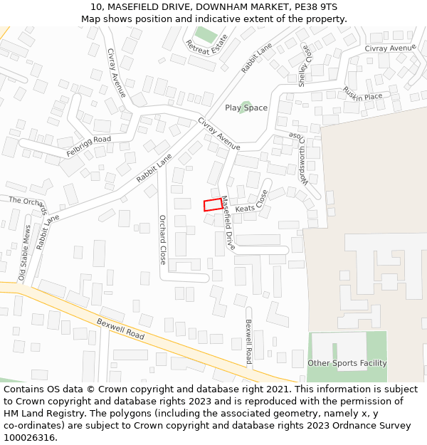 10, MASEFIELD DRIVE, DOWNHAM MARKET, PE38 9TS: Location map and indicative extent of plot