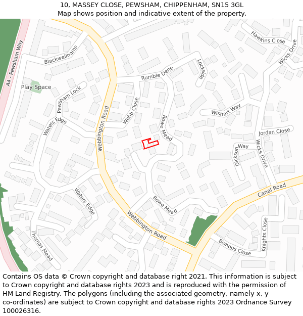 10, MASSEY CLOSE, PEWSHAM, CHIPPENHAM, SN15 3GL: Location map and indicative extent of plot