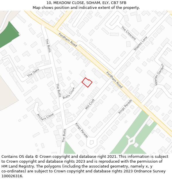 10, MEADOW CLOSE, SOHAM, ELY, CB7 5FB: Location map and indicative extent of plot