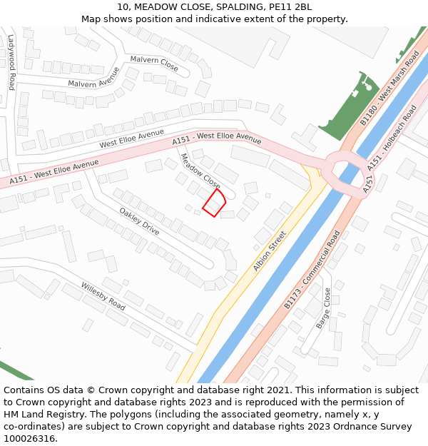 10, MEADOW CLOSE, SPALDING, PE11 2BL: Location map and indicative extent of plot