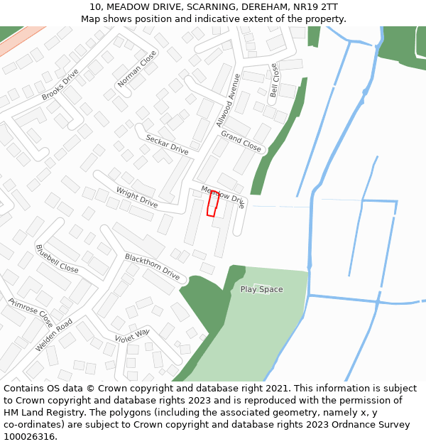 10, MEADOW DRIVE, SCARNING, DEREHAM, NR19 2TT: Location map and indicative extent of plot