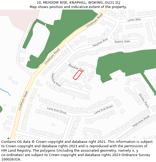10, MEADOW RISE, KNAPHILL, WOKING, GU21 2LJ: Location map and indicative extent of plot