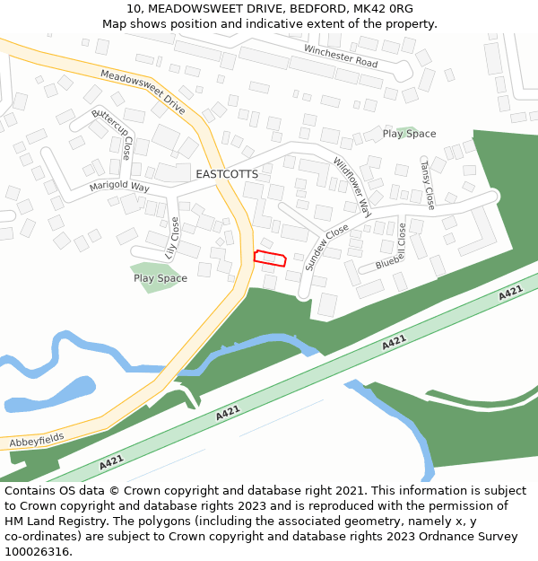 10, MEADOWSWEET DRIVE, BEDFORD, MK42 0RG: Location map and indicative extent of plot