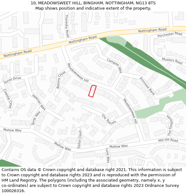 10, MEADOWSWEET HILL, BINGHAM, NOTTINGHAM, NG13 8TS: Location map and indicative extent of plot
