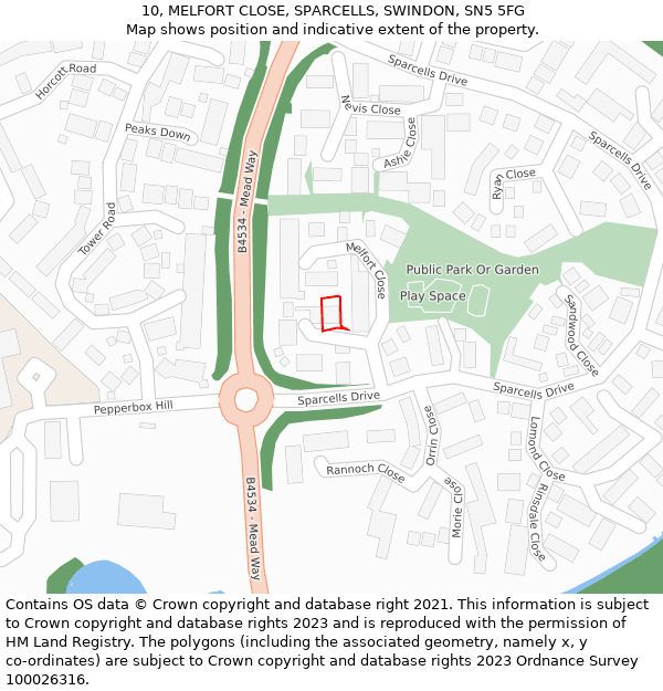 10, MELFORT CLOSE, SPARCELLS, SWINDON, SN5 5FG: Location map and indicative extent of plot