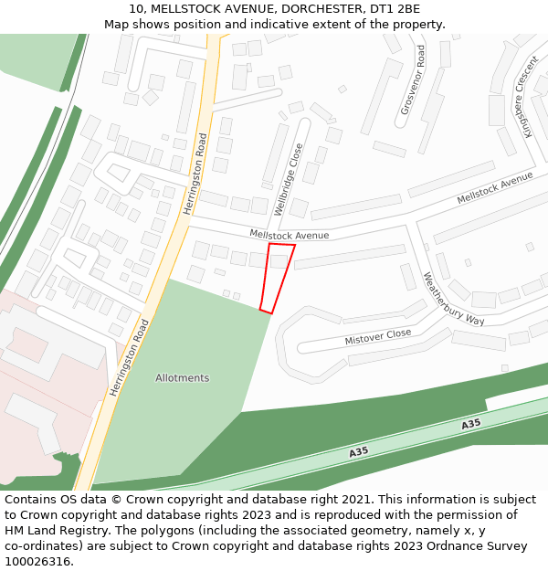 10, MELLSTOCK AVENUE, DORCHESTER, DT1 2BE: Location map and indicative extent of plot