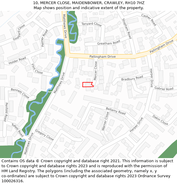 10, MERCER CLOSE, MAIDENBOWER, CRAWLEY, RH10 7HZ: Location map and indicative extent of plot