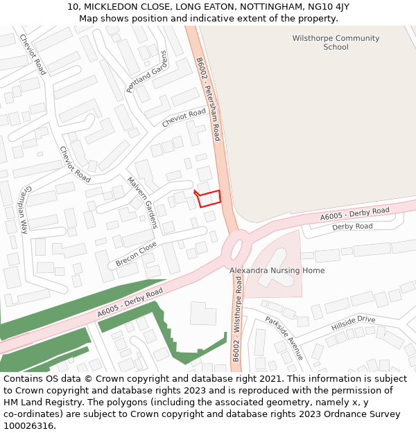 10, MICKLEDON CLOSE, LONG EATON, NOTTINGHAM, NG10 4JY: Location map and indicative extent of plot