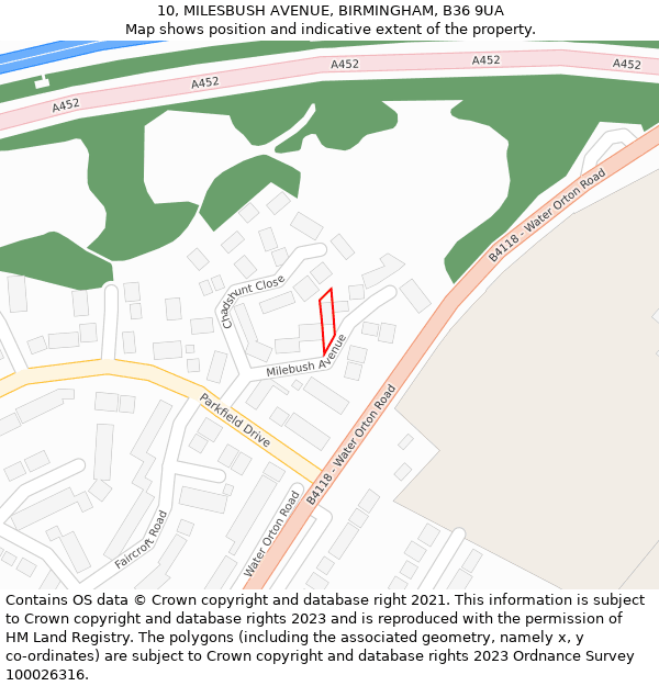 10, MILESBUSH AVENUE, BIRMINGHAM, B36 9UA: Location map and indicative extent of plot