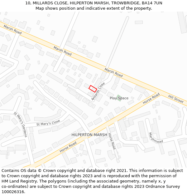 10, MILLARDS CLOSE, HILPERTON MARSH, TROWBRIDGE, BA14 7UN: Location map and indicative extent of plot